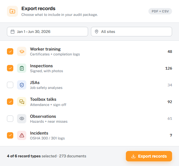 OSHA 300 and training-records table with filters and an Export button